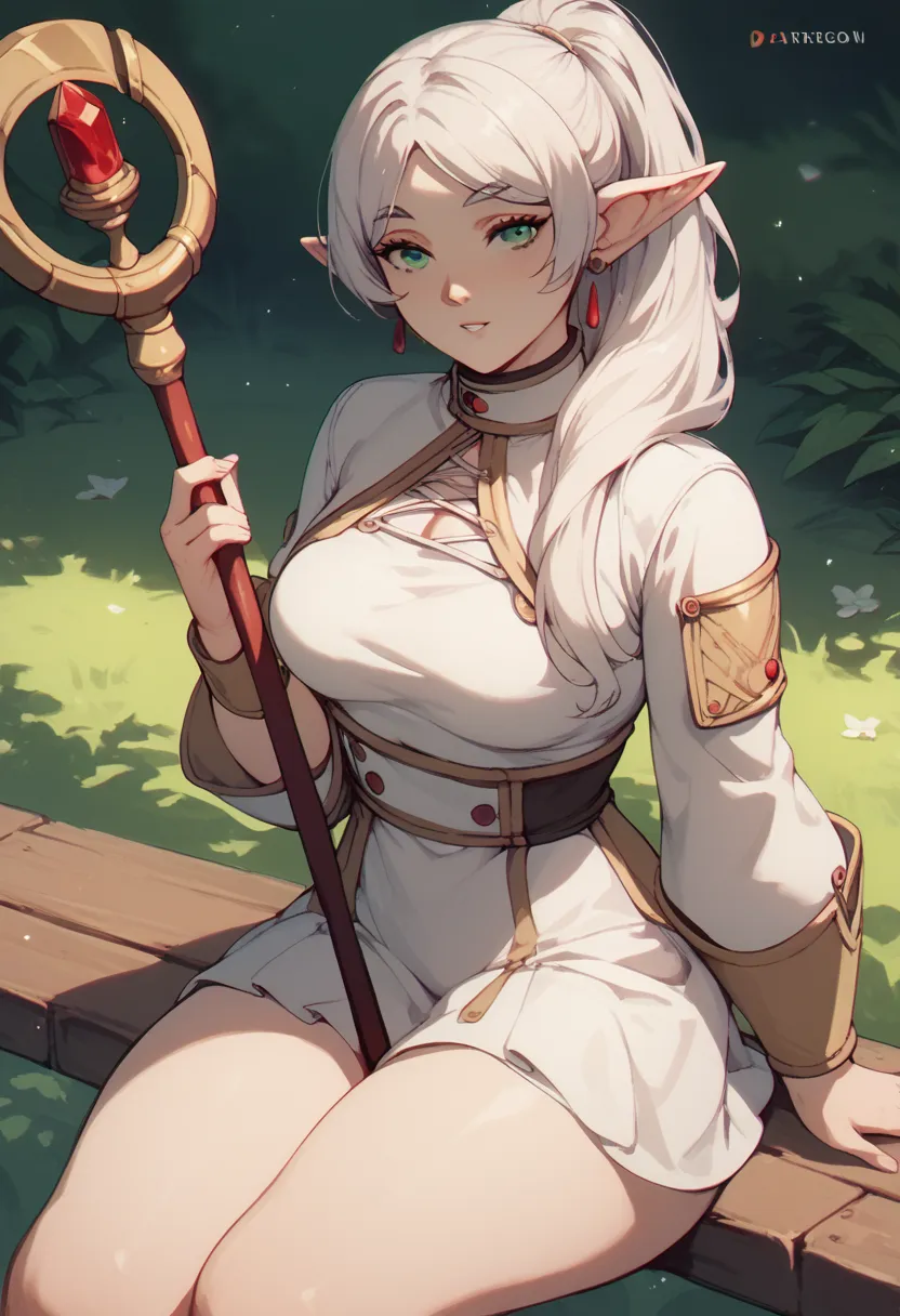  freeze , Big white hair green eyes medium breasts healed abdomen thick thighs white skirt white blouse white tunic sitting on the bench in the square sexy holding the staff in her hand