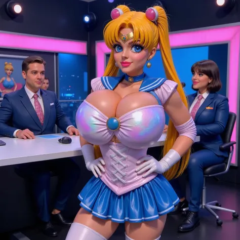 Celebrity Deathmatch closed comment room background(COMMENTATOR TABLE,microphone). SAILOR MOON SEPER guest star , (hair Fluorescence ) , Super detailed , 8 k,  hot charming woman,  bimbo,  bimboфикация ,wear a holographic leather mini skirt in a transparen...