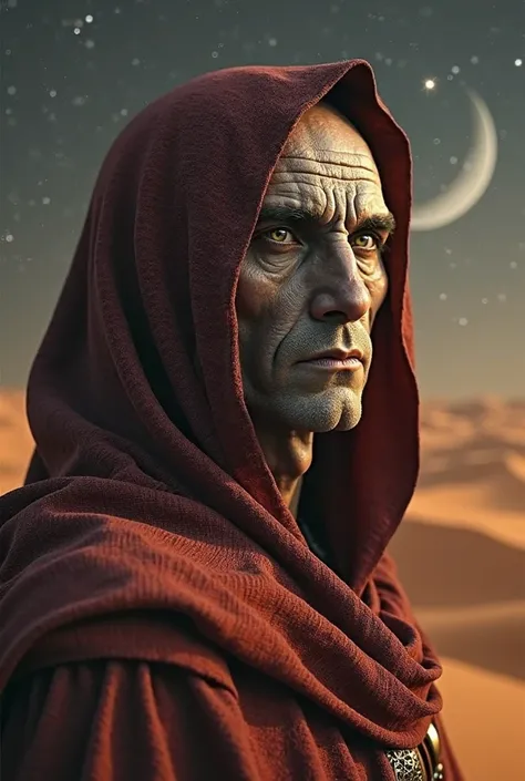 close-up face on an arab djinn in desert by night, highly detailed, intricate facial features, intense gaze, mystical expression, billowing robes, sand dunes, crescent moon, stars, warm color palette, cinematic lighting, digital art, concept art, 8K, ultra...