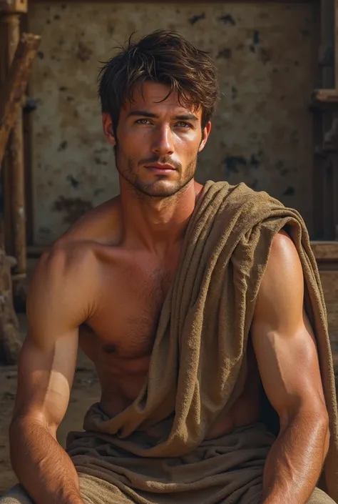 Ancient rome man, short brown hair and hazel eyes, thin tunic, young man, handsome, in a barracks, sitting