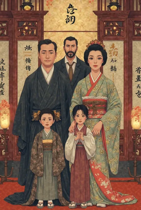 Make a royal Japanese family consisting of a father, a mother, a younger son and an older sister. Accompanied by a mustachioed butler.