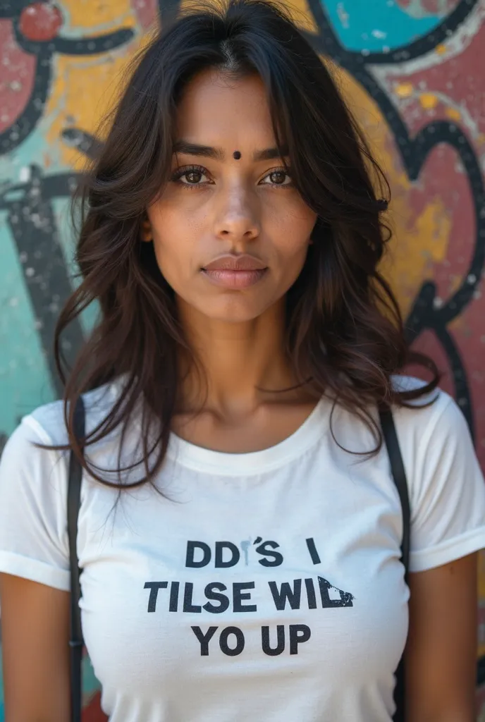 a close up of a woman wearing a white shirt with a slogan on it, a poster inspired by Odhise Paskali, trending on pexels, graffiti, candid picture, she has a cute expressive face, candid photo, candid photograph, shot from movie, wearing a designer top, in...