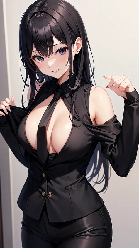 sexy older sister in a black pantsuit　　 　　I'm wearing a black tie　　A radiant smile　 high resolution　 HD