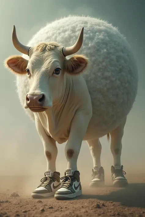 Make a cow on the body of a planet with your feet wearing Nike