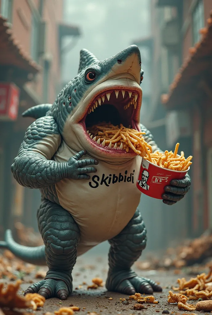 Create a human shark with a shirt written Skibidi Sigma and eating KFC