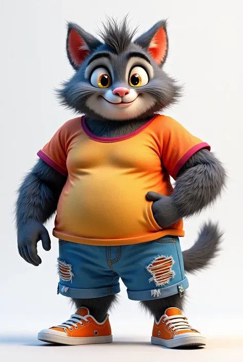 ** *"A 3D mascot character of an adult anthropomorphic feline, overweight, Friendly fat, Charismatic and Happy.  wearing a three-dimensional , slightly leaning forward with spiky hair. Dressed in a colorful t-shirt, roqueiro, ripped blue shorts with knee d...