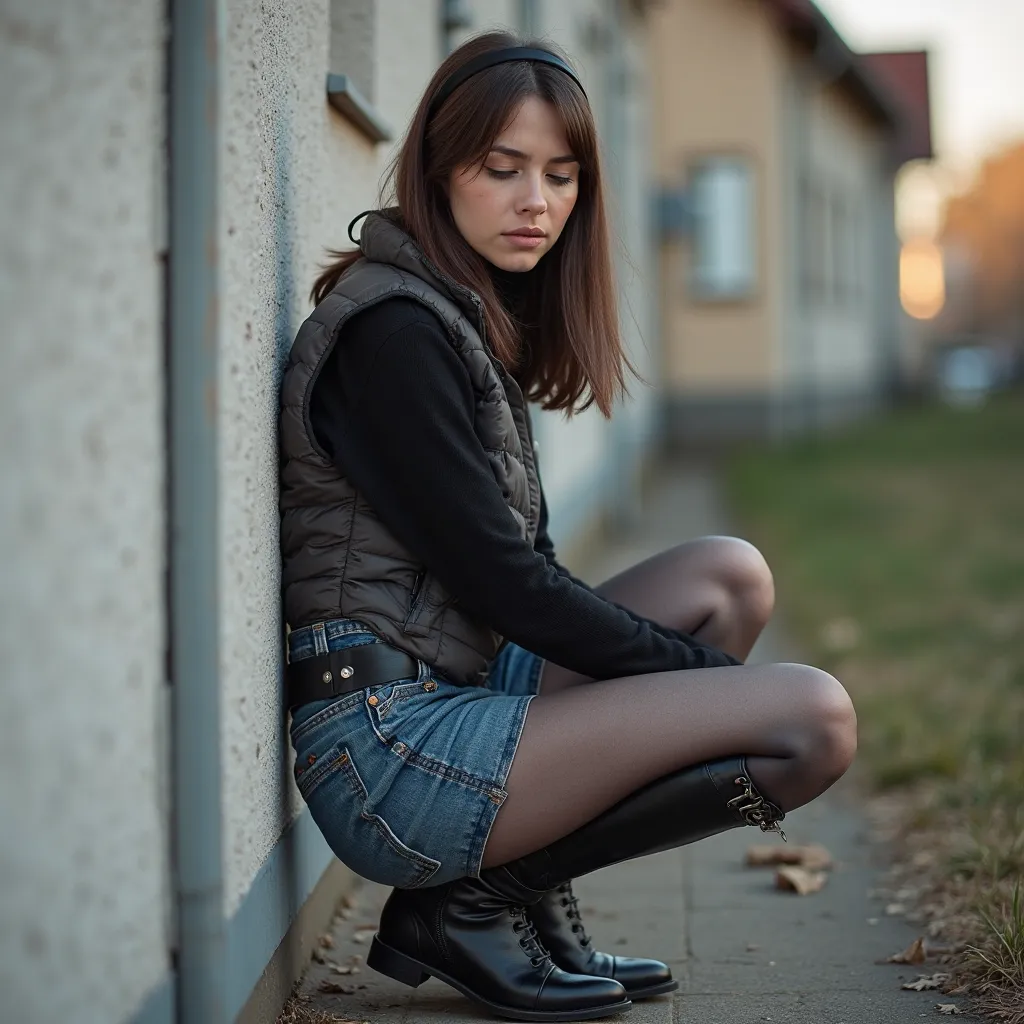  Ultrarealistic image . A pretty slim brunette 25-year-old German woman. She has a narrow face with high cheekbones. She has straight shoulder-length hair . She is wearing a black headband. She is wearing a gray down vest and a black turtleneck sweater. Sh...