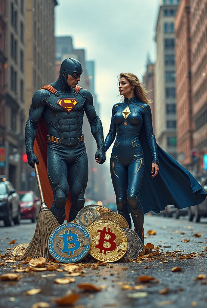 I want a super man and woman wearing cyberman clothes but with the pi network symbol sweeping the street with a bunch of cryptocurrency logos like bitcoin and ethereum and putting them in the trash. I want an image that expresses strength and sarcasm and c...