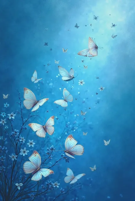 Cover for my book, all blue, with butterflies with names written in Portuguese: "Butterflies in the storm "