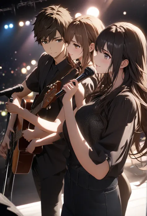 masterpiece, best quality, (Very detailed CG Unity 8k wallpaper), (best quality), (Best Illustration), (Best shadow), singing/music theater background, on a stage,  (A couple, beautiful girl and boy), beautiful detailed eyes, Looking the opposite way at ea...