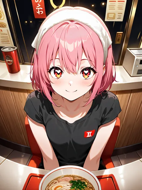 ((((  masterpiece)))), (((( top quality)))),  high resolution,fine grain, detailed faces,1 girl,pink hair,short hair,full body, sitting,smile,sling,I have a towel wrapped around my head, sharp eyes,heart eye, ramen shop,general,Restaurant,I'm making ramen,...