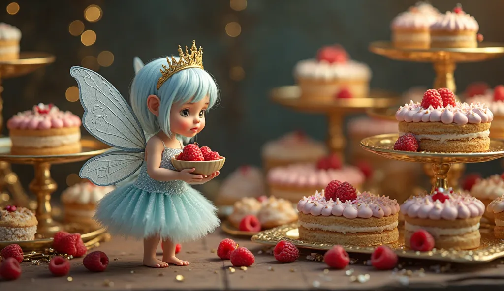 A light-skinned, young fairy, positioned slightly left of center in the frame, is holding a small bowl of berries.  She has pale blue hair, a light complexion, and wears a light-blue, tulle-like, and glittery dress with a golden crown.  Her facial expressi...