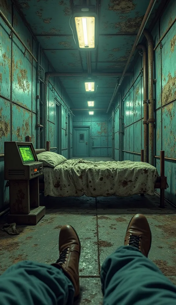 "POV of the Lone Wanderer waking up in Vault 101, with legs and feet visible in front on a rusty metal bed. The blue-gray steel walls are weathered, with cracked paint and exposed pipes. A computer terminal blinks with green light beside the bed. The dista...