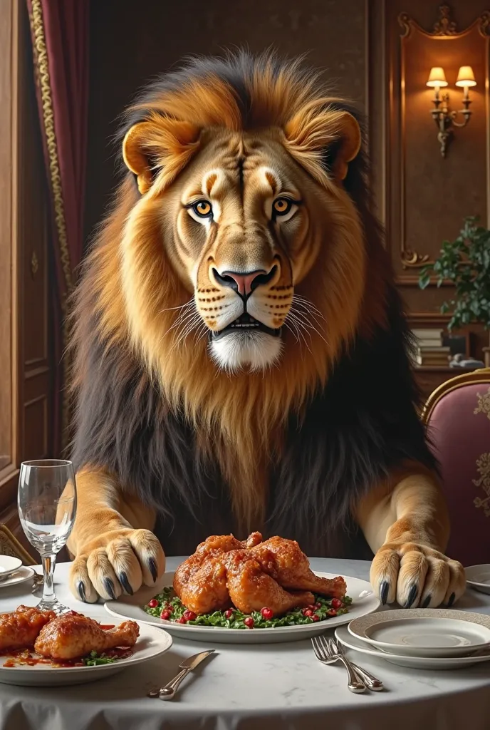 The size of the wall is 7feet width and 14feet height create a wonderful Wall painting for non veg hotel , a lion sitting on a table in non veg hotel and having chicken on his table and eating leg peace in his mouth with his hands and looking at audience w...