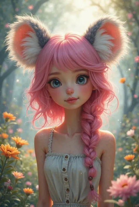 woman　Koala ears　 has pink hair