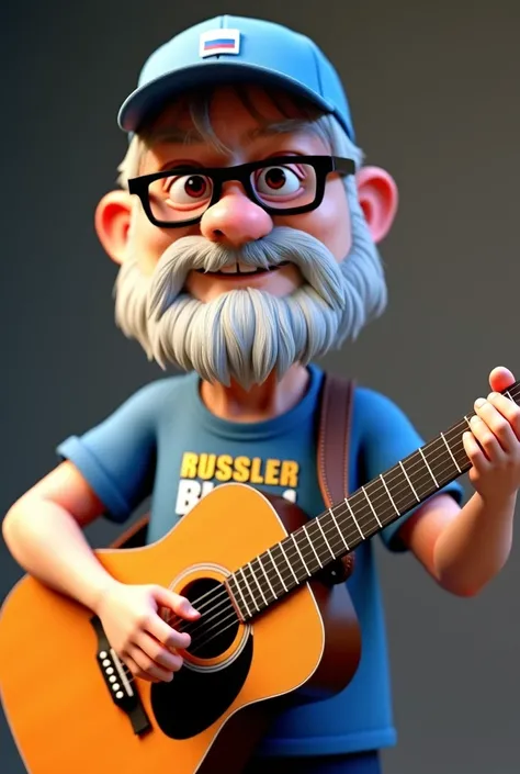 cartoon character of a 50-year-old Russian man without a beard, cap, black glasses and a t-shirt with the image of the Russian community, holding a guitar,  anime characters ,  stylized characters ,  animation style rendering , 3D stylized,  3D rendering s...