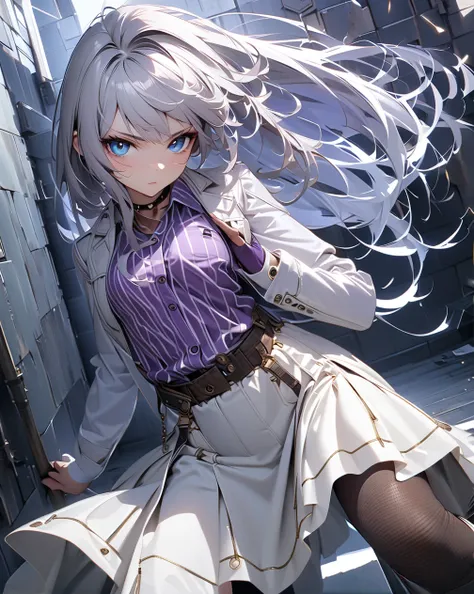 (((8k wallpaper of extremely detailed CG unit:1.2, ​masterpiece, high resolution:1.2, top-quality:1.2,))), ((a very beautiful female, Grunge Fashion, dynamic serious pose:1.2, wear a white Jacket, wear a purple white stripes formal shirt, wearing short whi...