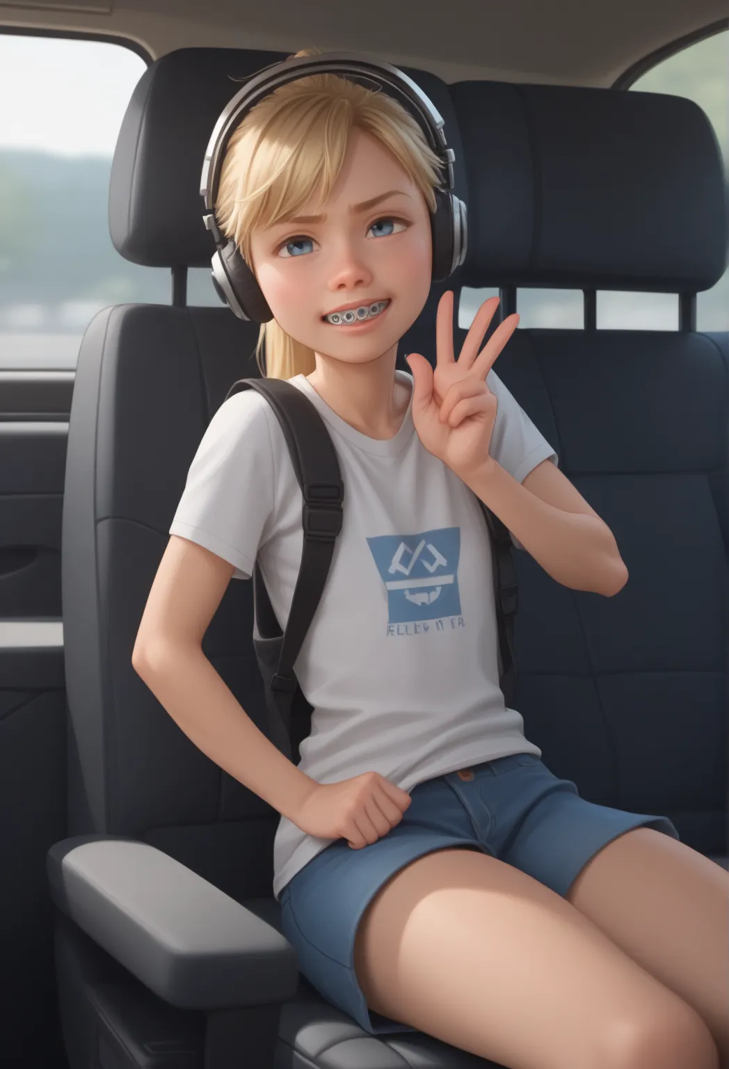 score_9, score_8_up, score_7_up, score_6_up, score_5_up, score_4_up, 'heavy'; chunky', fat'; obese' for her size', ri_ley2, 01girl10, ponytail, blond hair, 'in a car', 'headphones', 'peace sign', 'selfie', braces, best quality, no flaws, active’ reflex' of...