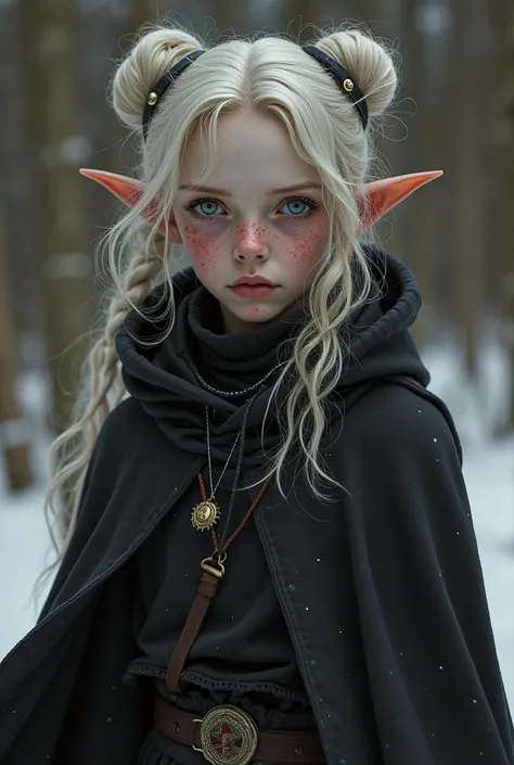 Raised an RPG girl an average  elf and witch, Pale with rosy cheeks and white eyes with an expression of hate, He wears a black cape and a black hoodie, black clothes, her hair was wavy and she was wearing two buns, She has an amulet, Wear a staff , Does y...