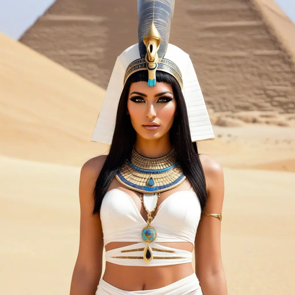 photograph of the goddess Isis, ornate, Egypt, intense exotic face, mystical aura, dust, debris, tanned skin, Ankh, Black Eyeliner, black hair, clothing transparent white silk sheath dress, solar disk and cowâs horn headdress, beauty, with desert pyramid...