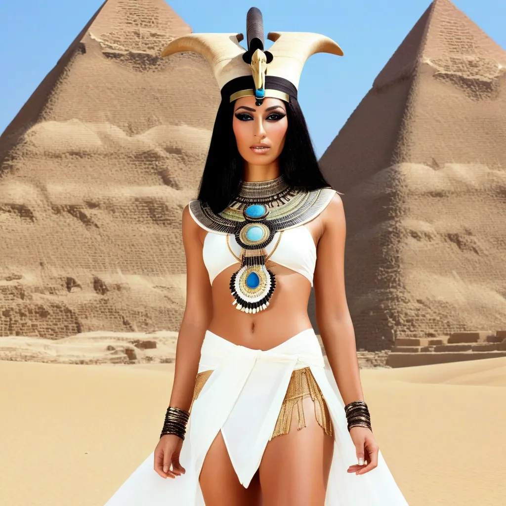 photograph of the goddess Isis, ornate, Egypt, intense exotic face, mystical aura, dust, debris, tanned skin, Ankh, Black Eyeliner, black hair, clothing transparent white silk sheath dress, solar disk and cowâs horn headdress, beauty, with desert pyramid...