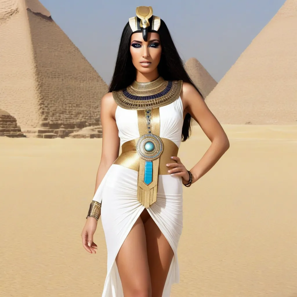 photograph of the goddess Isis, ornate, Egypt, intense exotic face, mystical aura, dust, debris, tanned skin, Ankh, Black Eyeliner, black hair, clothing transparent white silk sheath dress, solar disk and cowâs horn headdress, beauty, with desert pyramid...