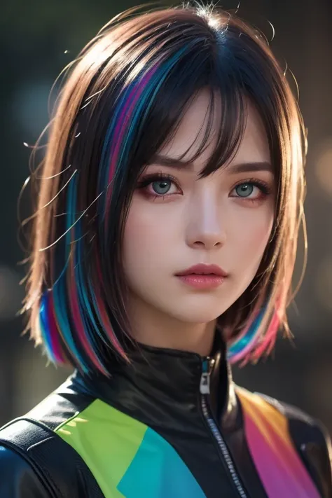 {{Masterpiece}},  best quality ,  Highly Detailed CG Unity 8K Wallpaper,  Cinematic Lights,  lens flare ,  beautiful detail eyes , black,  Sideways glance,   multi colored hair,  colorful  light, particle, Heterochromia, ( colorful :1.5), ( colorful  hair:...