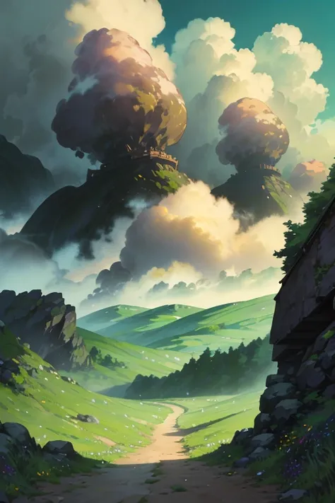 masterpiece, bottomless abyss, colorful flowers and giant trees. Beautiful sky and rocks in the distance. Adventure landscape. highest quality, detailed.