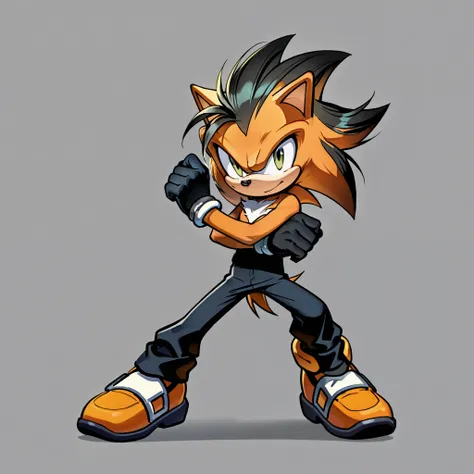  Oc do Sonic, orange,  lemon-green eyes , hedgehog, black shoe, Cabelinho na Frente Preto, black gloves,  male father, hedgehog, without clothes