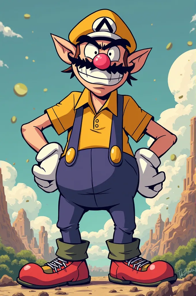 Generate me an image of a 2D anime style Wario but he's skinny