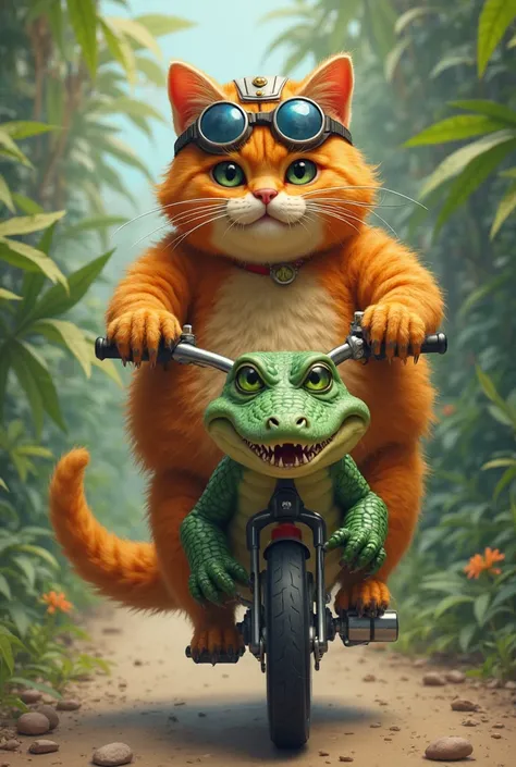 Fat orange cat with alligator on the bike