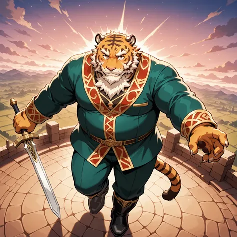 character focus, full body, looking away, dynamic angle, fantasy, knight, a musclegut middle-aged tiger man, heroic costume clothes, full armor, shirt, mantle, pants, boots, setup hands sword, dynamic pose BREAK full body in Michelangelo Buonarroti style, ...