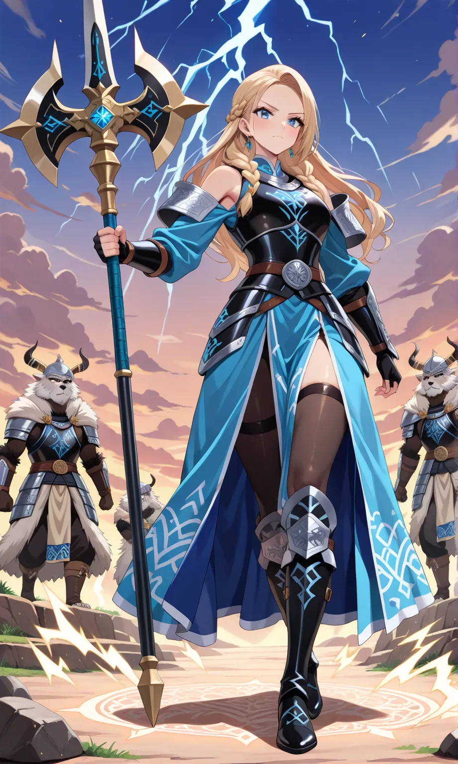 (((masterpiece, best quality, high detailed, 16k))) (1girl) A fierce and powerful Viking warrior with flowing blonde hair, braided at the sides, and a calm yet serious expression. Her piercing blue eyes reflect the strength of a battle-hardened fighter, an...