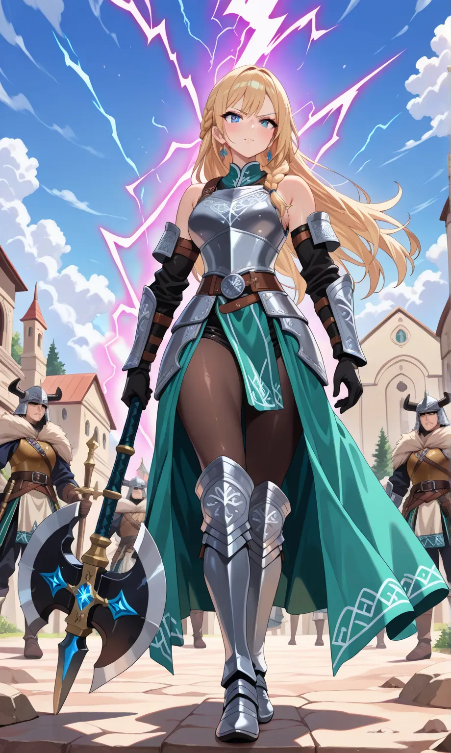 (((masterpiece, best quality, high detailed, 16k))) (1girl) A fierce and powerful Viking warrior with flowing blonde hair, braided at the sides, and a calm yet serious expression. Her piercing blue eyes reflect the strength of a battle-hardened fighter, an...