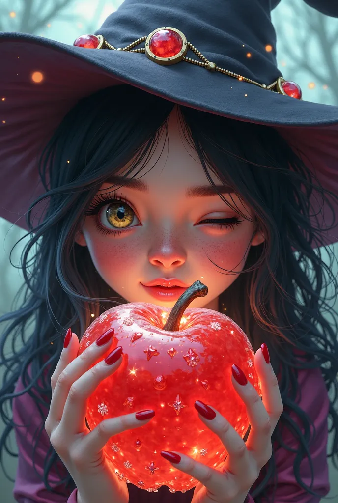 Pretty witch with one eye closed and peeking into a beautiful apple candy