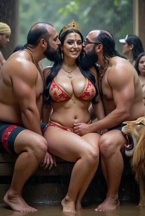 Four aged muslim men and king Ravan hugging and kissing  durga maa wearing sexy transpat micro bikini, thick thighs big big hips , showing naked thighs and buttock. She is wearing sindur and carrying trisul and sitting on her knees. Lord brahma , lord vish...