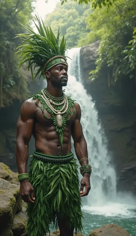 a black man,  strong and athletic , wears green costumes adorned with leaves, reflecting your deep connection with nature.  His muscles are well defined , and his expression transmits serenity and power. On the neck, He wears white Umbanda necklaces, and i...