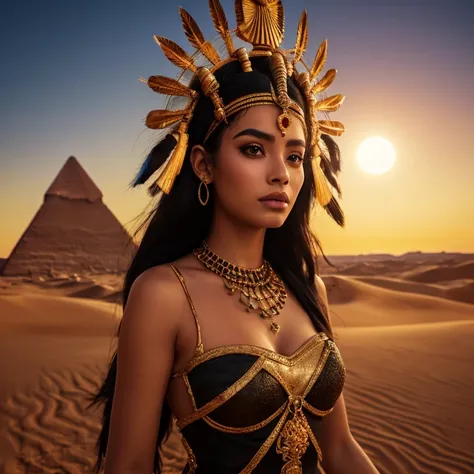 photograph of the goddess Isis, ornate, Egypt, intense exotic face, mystical aura, dust, debris, tanned skin, Ankh, Black Eyeliner, black hair, clothing transparent white silk sheath dress, solar disk and cowâs horn headdress, beauty, with desert pyramid...