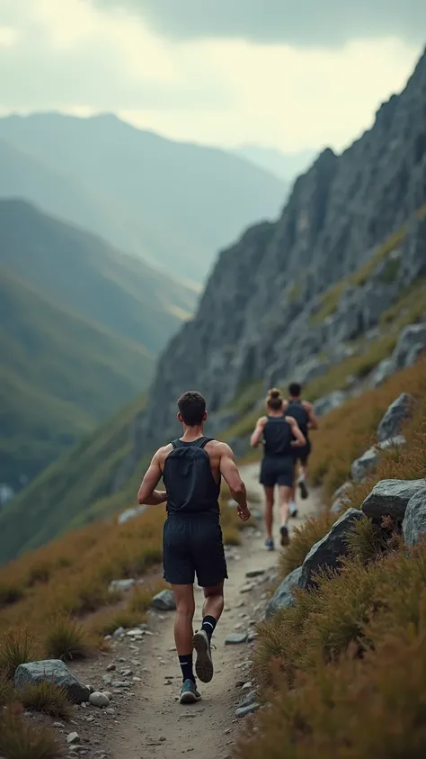 Ultra-realistic 8K resolution, first-person POV of running on a rugged mountain trail in dagestan with fellow partners running next to you they are not wearing anything in their upper body but they are wearing shorts , your hands swing naturally at his sid...