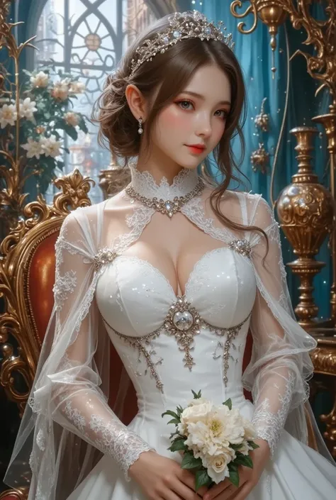  best quality , Super quality, 16k,  Unbelievably Absurd,  very detailed,  lovely photo,  delicate and dynamic,  Kiri Reina female,  seductive smile,  pure white wedding dress ,  great style , bouquet,  steampunk,  DIESEL PUNK ,  clock punk ,  cyberpunk, G...