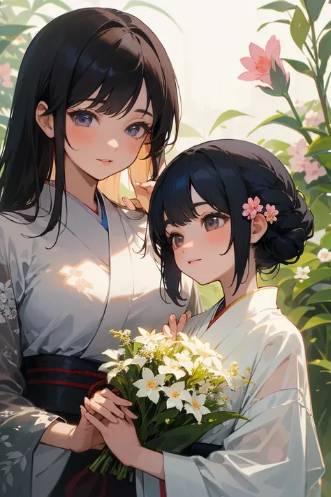 In a garden、Two Japanese woman is wearing a floral sheer top、 chest and soft flowers in the background、 creates harmony between nature and beauty。high resolution, Highest quality Highest image quality,two girls,models
Perfect face,Perfect finger　 cute big ...