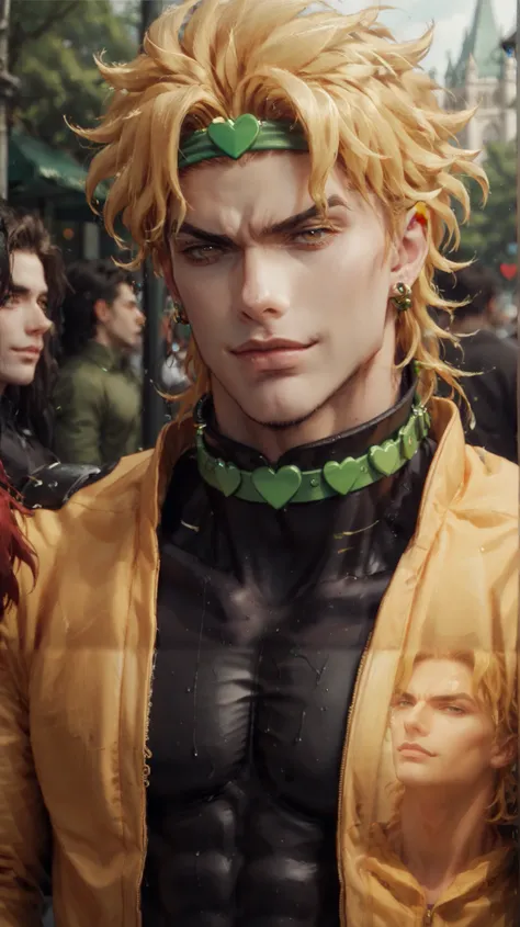 Dio brando .He has light skin and sharp facial features, including a confident expression. His hair is spiky and blonde, adding to his striking appearance. The character is wearing a form-fitting black bodysuit with a high collar, accentuated by a golden j...