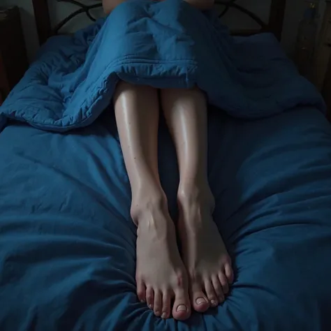 my beautiful female legs are covered by a blue quilt, only one foot is visible outside the quilt, the background is a bedroom, pov, my point of view, from my perspective, photographed from above, realistic feet, realistic bedroom, Solo, 1girl, High Resolut...