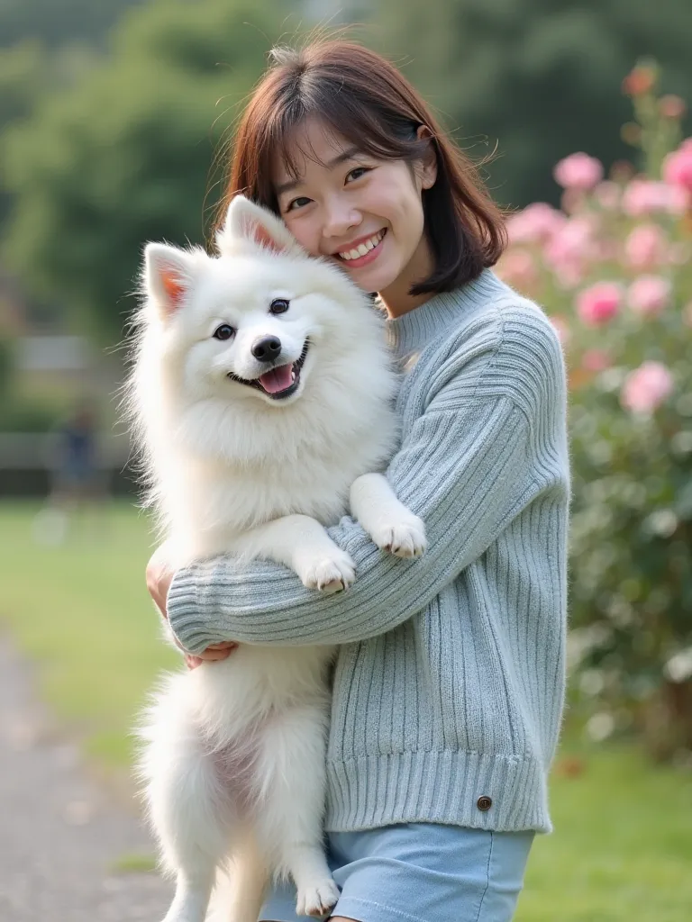 A Japanese woman with semi-long brown hair and a beautiful face has a big smile　Clothes are an off-shore light blue knit sweater and mini skirt　A white Samoyed dog is hugged next to me with a big smile　Rose garden in the background