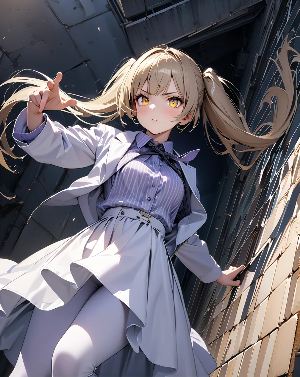 (((8k wallpaper of extremely detailed CG unit:1.2, ​masterpiece, high resolution:1.2, top-quality:1.2,))), ((a very beautiful female, Grunge Fashion, dynamic serious pose:1.2, wear a white Jacket, wear a purple white stripes formal shirt, wearing short whi...