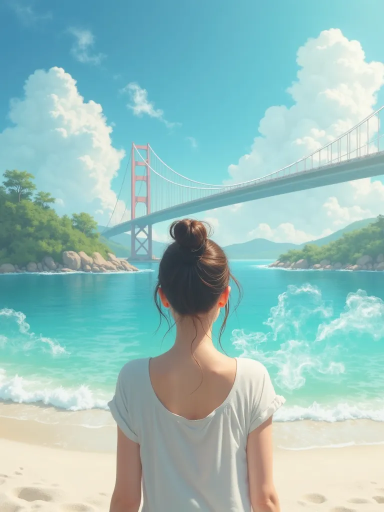 You can see the sea and white sands、islands and a large bridge over the islands、vapor、 detox 、 happy、Summer Day、 bun hair, 