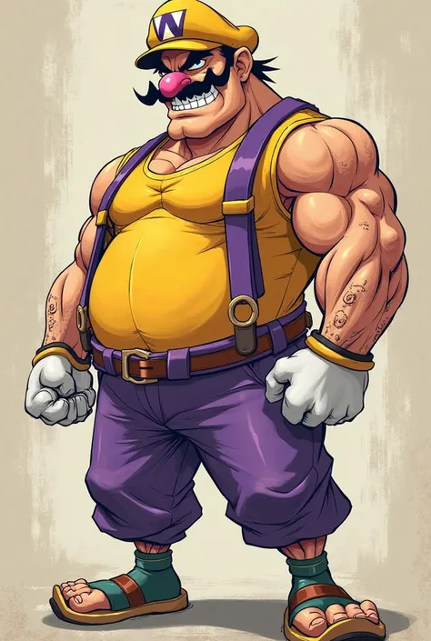 Generate me an image of a 2D anime style Wario but he's skinny and a bit muscular 