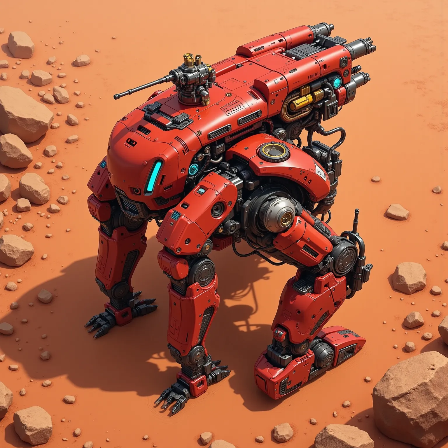 "Realistic, seen from above, shape sexy woman's shaved pussy,  red, With a small turret long 120 mm gun on top of a woman's sexy smooth pussy, futurist. dusty due to the sandy terrain, reddish color, terreno Realistic com pedras e areia com coloração averm...