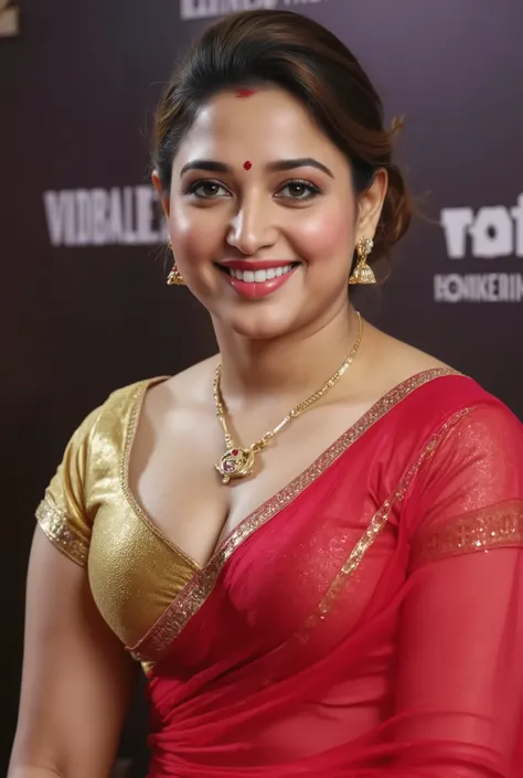 Hd realistic photo of Voluptuous Mature Indian desi Aunty with dusky skin, wearing very deep low neck gold shining silk blouse and reflective glossy shining red transparent Saree, showing her large  Cleavage and navel,nipples projection over blouse,Red Sin...