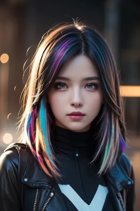 {{Masterpiece}},  best quality ,  Highly Detailed CG Unity 8K Wallpaper,  Cinematic Lights,  lens flare ,  beautiful detail eyes , black,  Sideways glance,   multi colored hair,  colorful  light, particle, Heterochromia, ( colorful :1.5), ( colorful  hair:...